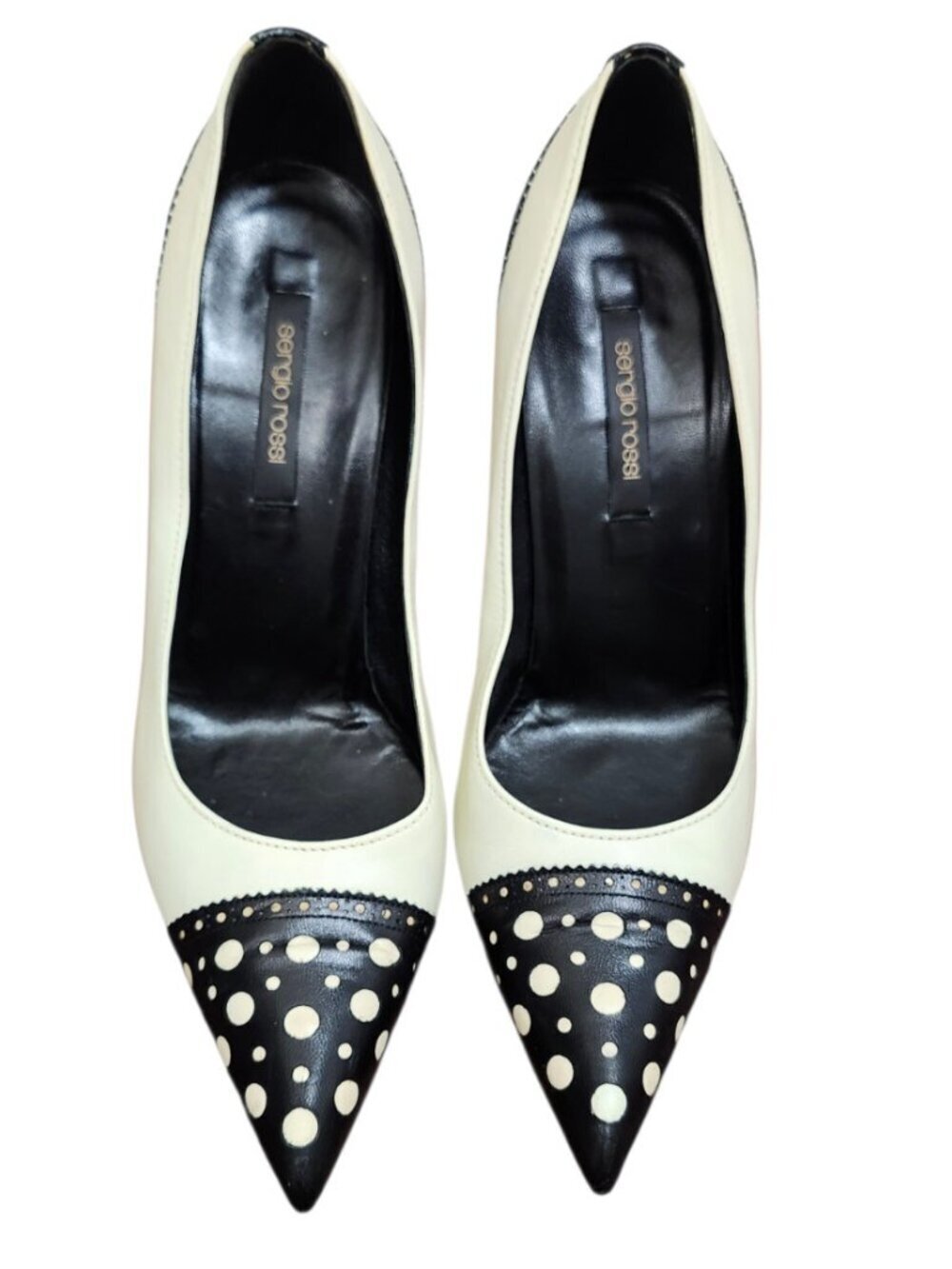Sergio Rossi Polka Dot Heels Pumps Black White Leather Pointed Toe EU 39 Italy - Picture 2 of 13